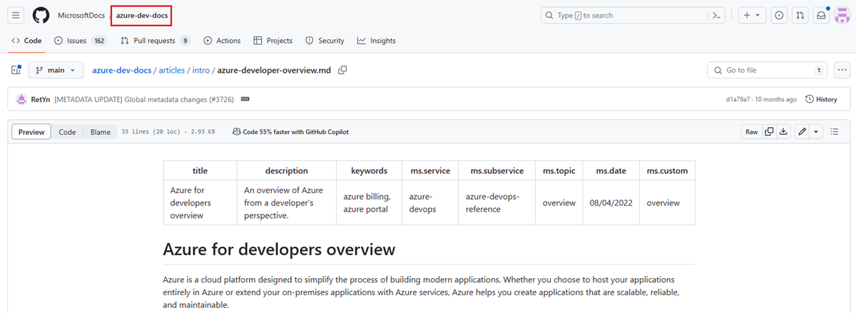 Screenshot of a GitHub article page showing the repo name in the upper left-hand corner of the page.