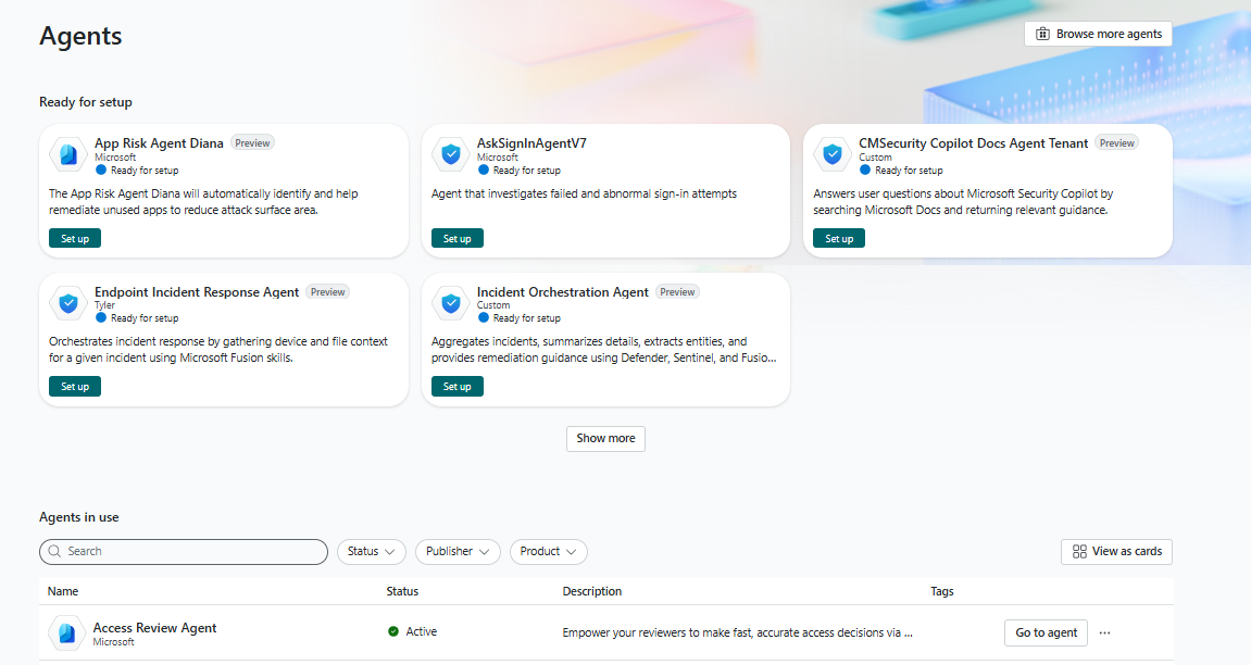Image of the Agents including custom agents in Security Copilot
