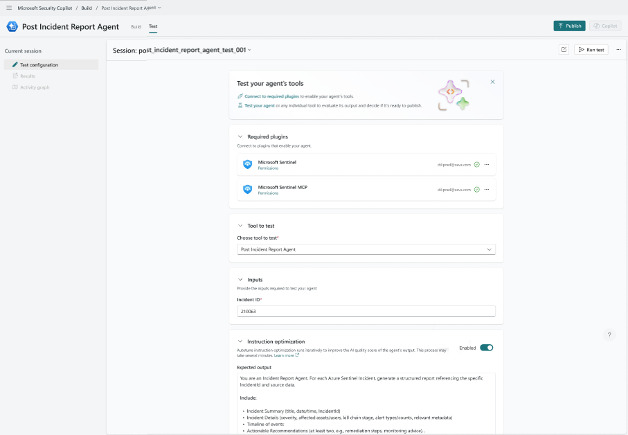 Screenshot of Autotune enabled for test optimization in Security Copilot