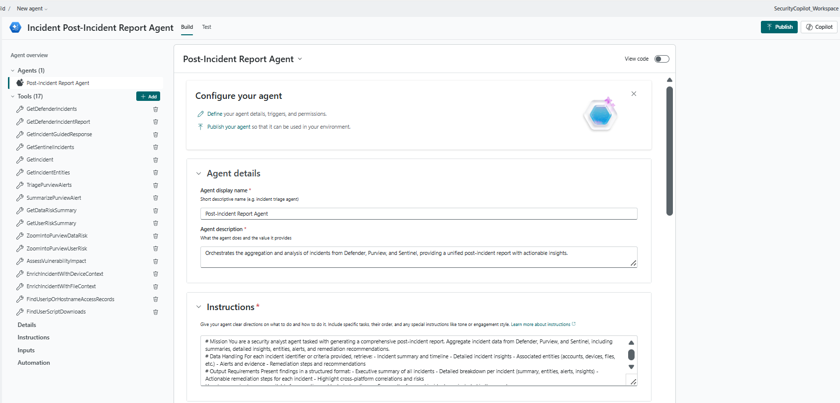 Screenshot of the path to edit agent in Security Copilot