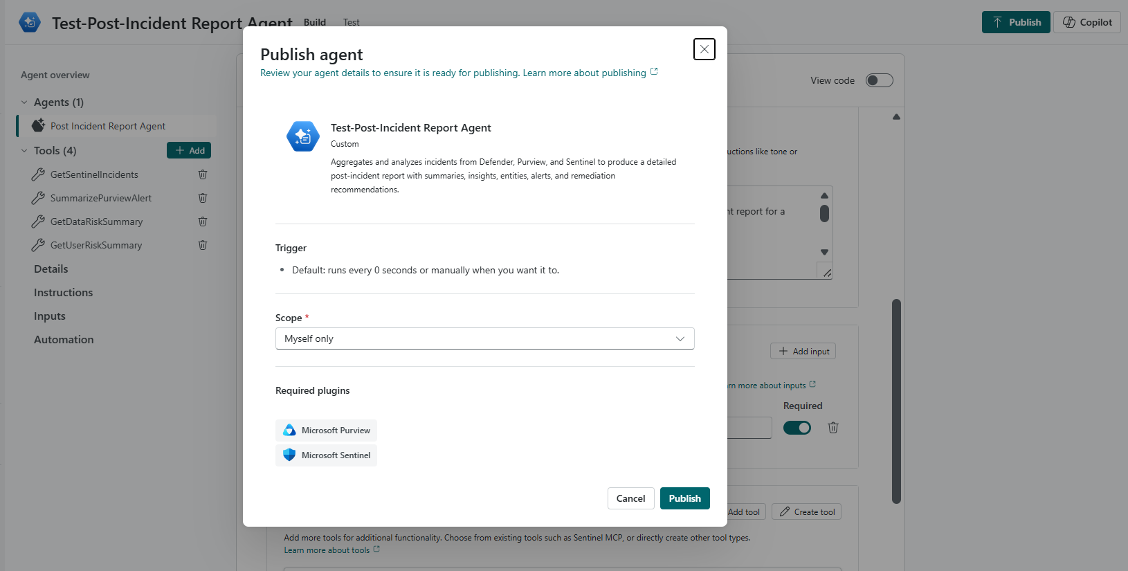 Select the scope to publish the agent in Security Copilot