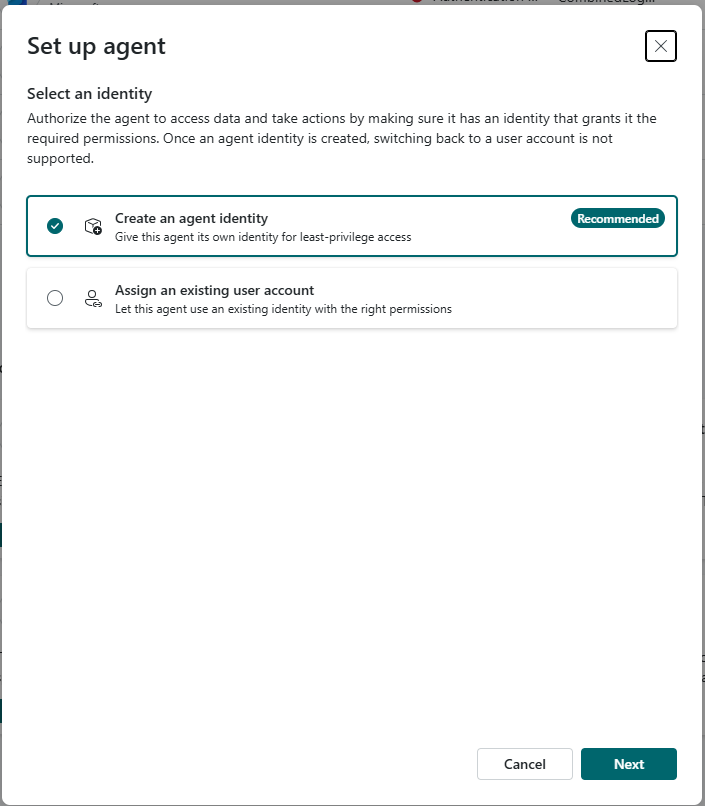 Image of the agent setup - select an identity