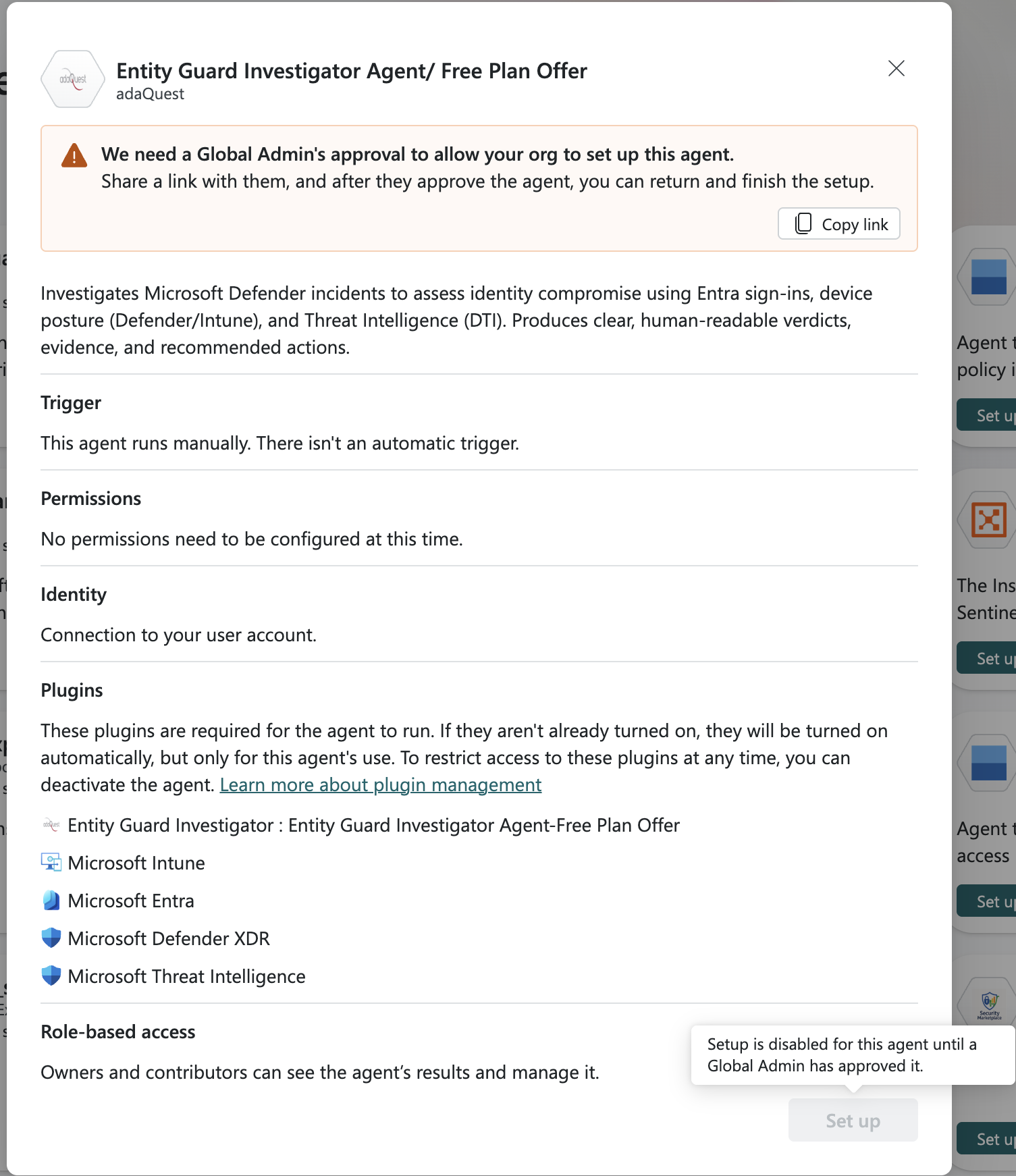 Image of the agent setup disabled for partner agents in Security Copilot