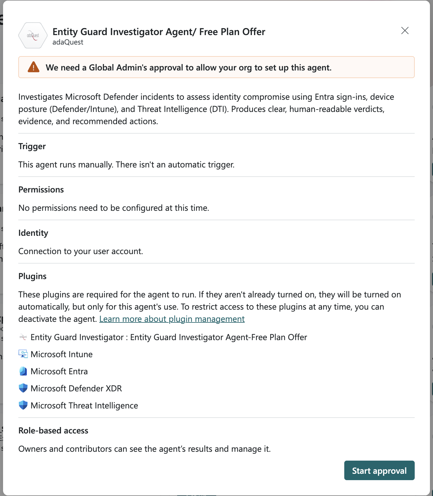 Image of the agent setup approval required for Global Administrator in Security Copilot