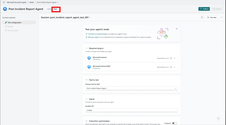 Screenshot of the testing tab to test agents in Security Copilot