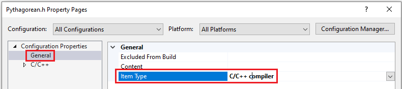 Screenshot that shows changing the item type to C/C++ compiler.