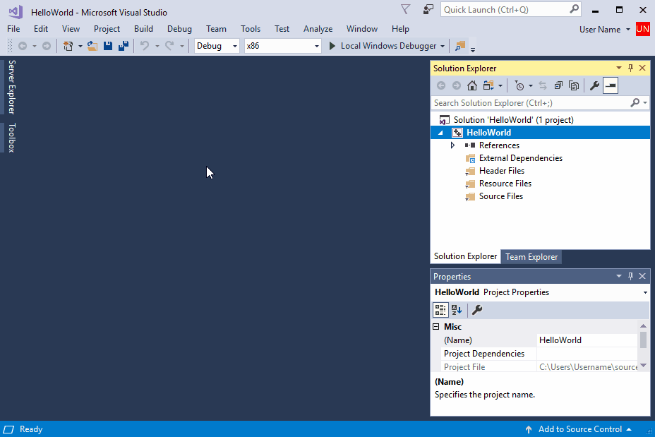 Open the Property Pages dialog View of using the Property Pages dialog to set the Subsystem property.