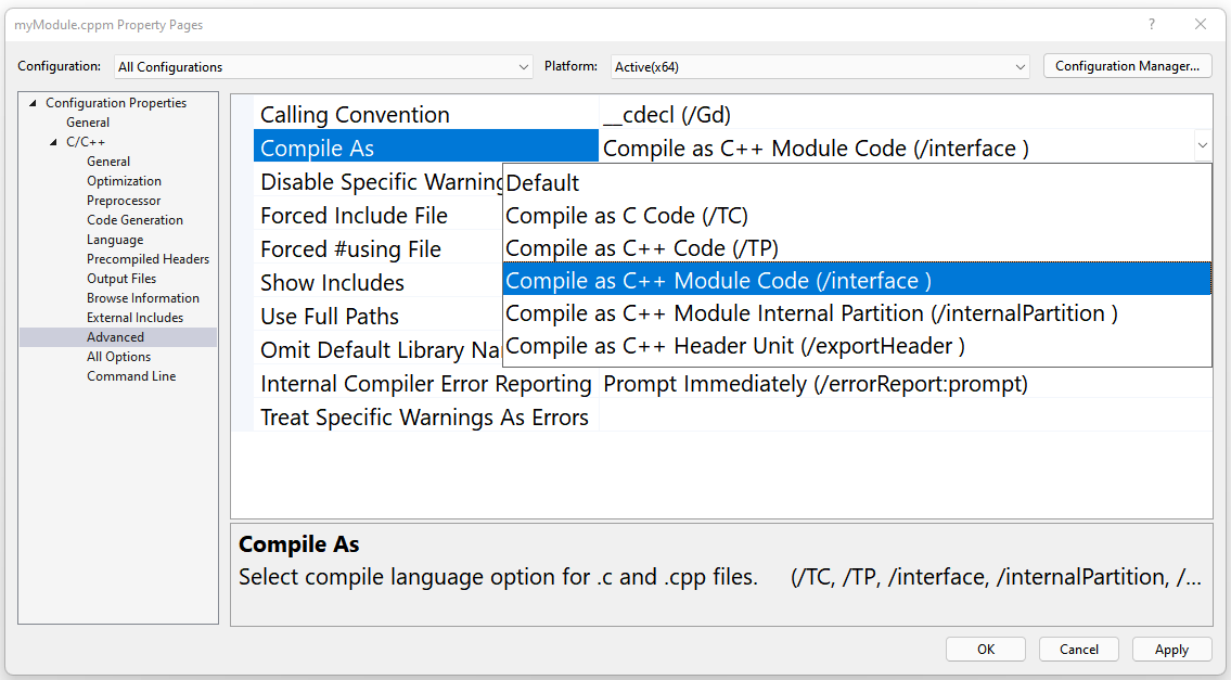 Screenshot of a hypothetical source file's Configuration properties under Configuration properties > C/C++ > Advanced > Compile As, with Compile as C++ Module Code (/interface) highlighted