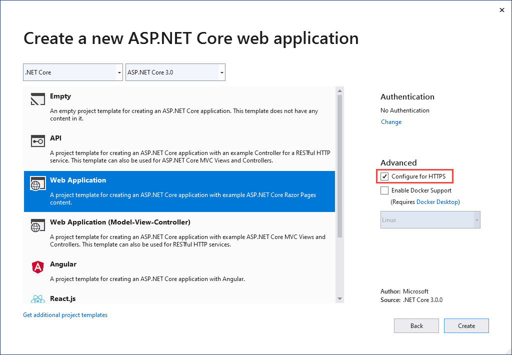 Dialogové okno Nová webová aplikace ASP.NET Core zobrazující políčko Konfigurovat pro HTTPS není zaškrtnuté.