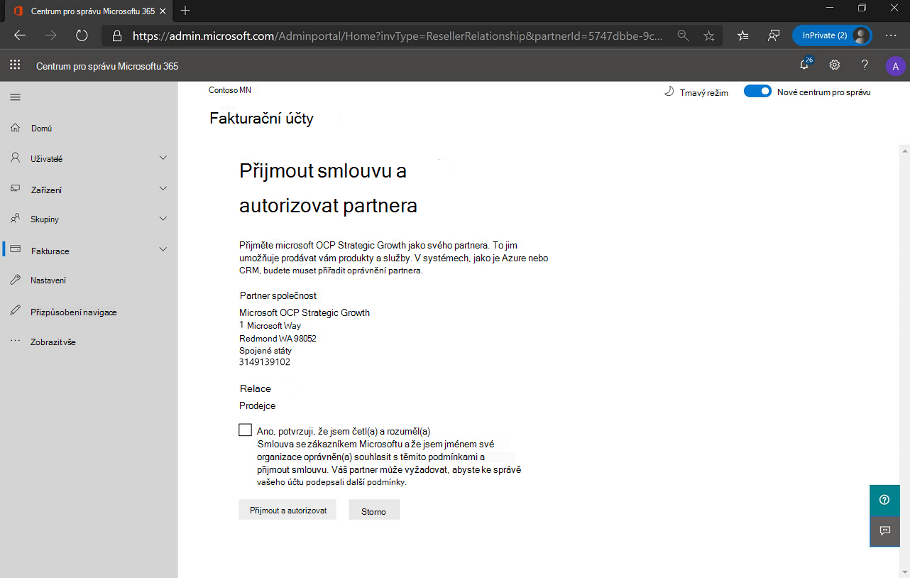 Snímek obrazovky se stránkou Přijmout smlouvu a autorizovat partnera