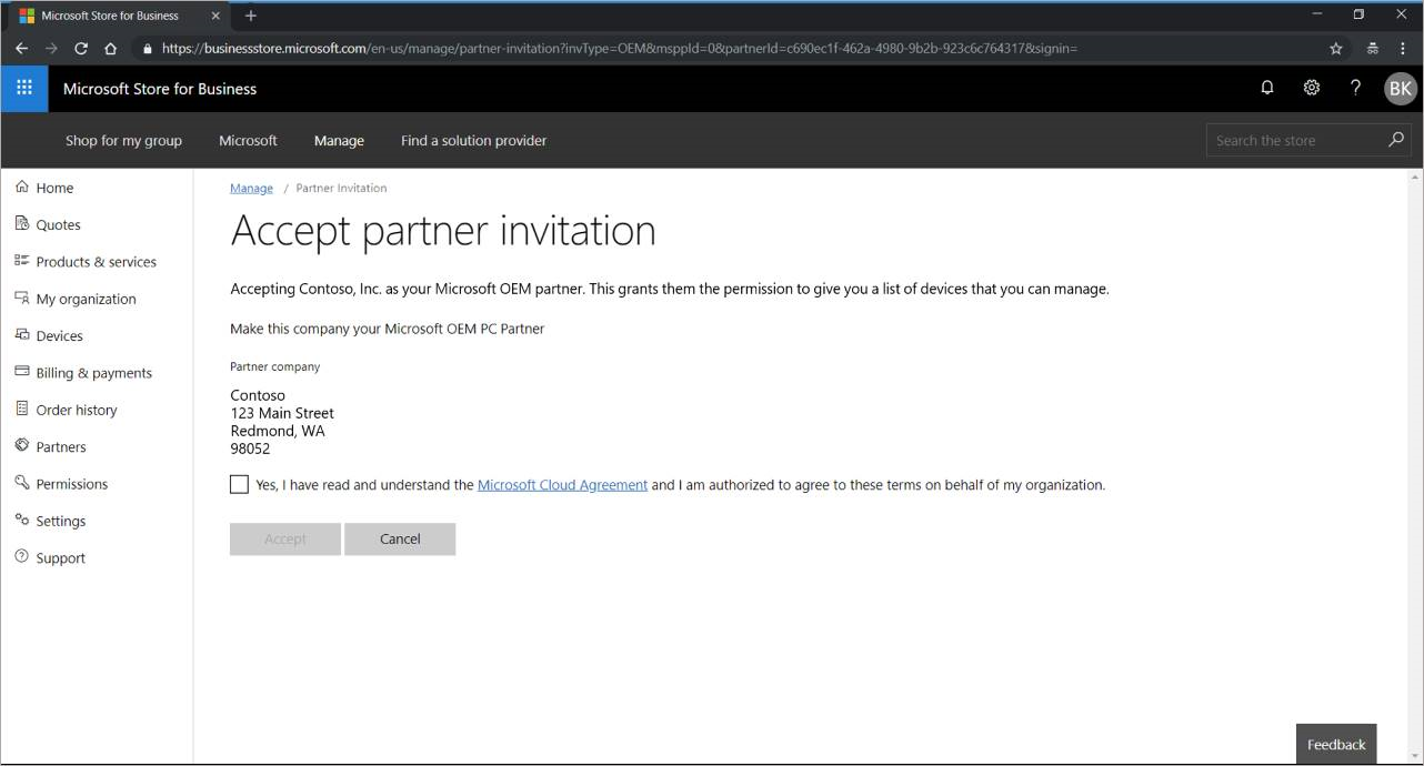 Snímek obrazovky se stránkou Přijmout pozvánku partnera