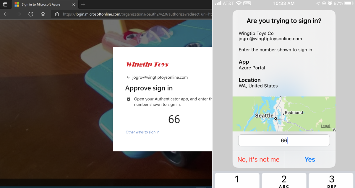 Snímek obrazovky znázorňující příklad přihlášení v prohlížeči s žádostí o schválení přihlášení uživatele