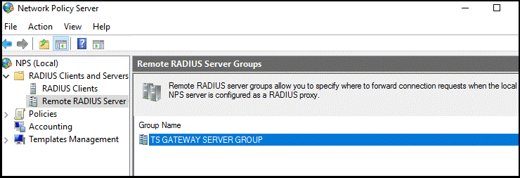 Konzola pro správu serveru Network Policy Server zobrazující vzdálený server RADIUS