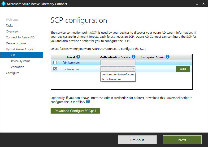 Snímek obrazovky s Připojení Microsoft Entra a možnostmi konfigurace SCP ve federované doméně