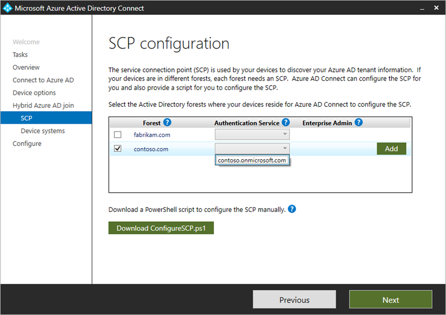 Snímek obrazovky s Připojení Microsoft Entra a možnostmi konfigurace SCP ve spravované doméně