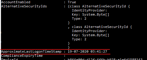 Snímek obrazovky znázorňující výstup příkazového řádku Jeden řádek je zvýrazněný a zobrazí časové razítko pro hodnotu ApproximateLastSignInDateTime.