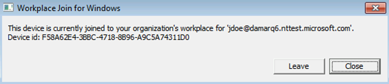 Screenshot of the Workplace Join for Windows dialog box. Text that includes an email address states that a certain device is joined to a workplace.