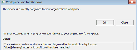 Screenshot of the Workplace Join for Windows dialog box. Text reports an error because the user has reached the maximum number of joined devices.