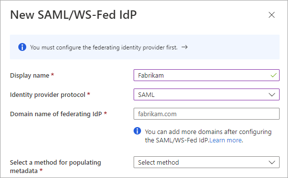 Snímek obrazovky zobrazující novou stránku SAML nebo WS-Fed IdP
