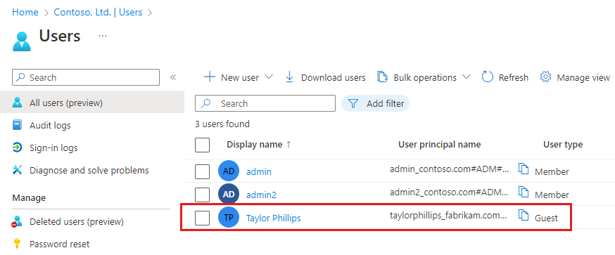 Snímek obrazovky znázorňující nového uživatele typu host v adresáři