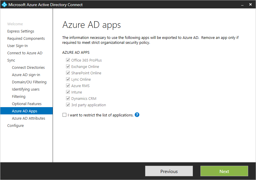 Snímek obrazovky znázorňující volitelné funkce aplikací Azure A D