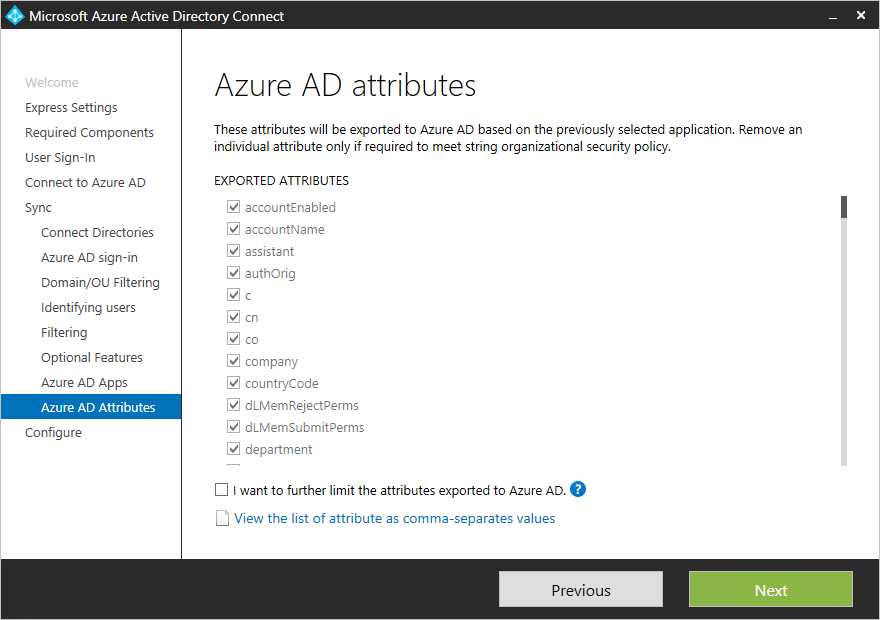 Snímek obrazovky znázorňující volitelné funkce atributů Azure A D