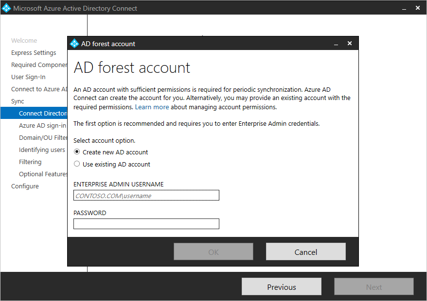 Snímek obrazovky se stránkou Připojit adresář a oknem účtu doménové struktury AD, kde můžete vytvořit nový účet nebo použít existující účet.
