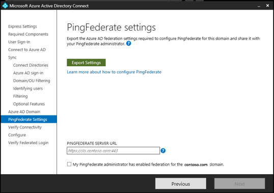 Snímek obrazovky se stránkou Nastavení PingFederate V horní části stránky se zobrazí tlačítko Exportovat nastavení.