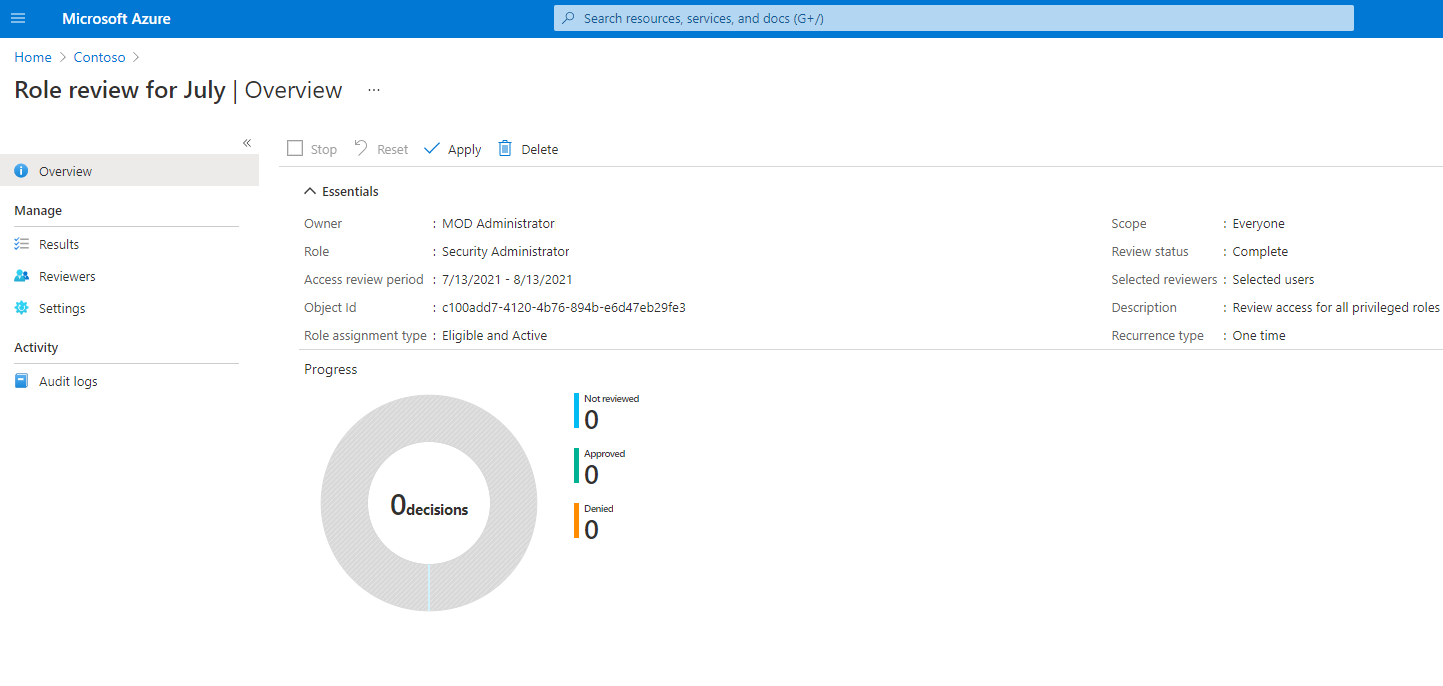 Stránka přehledu kontrol přístupu zobrazující podrobnosti kontroly přístupu pro Microsoft Entra role snímek obrazovky.