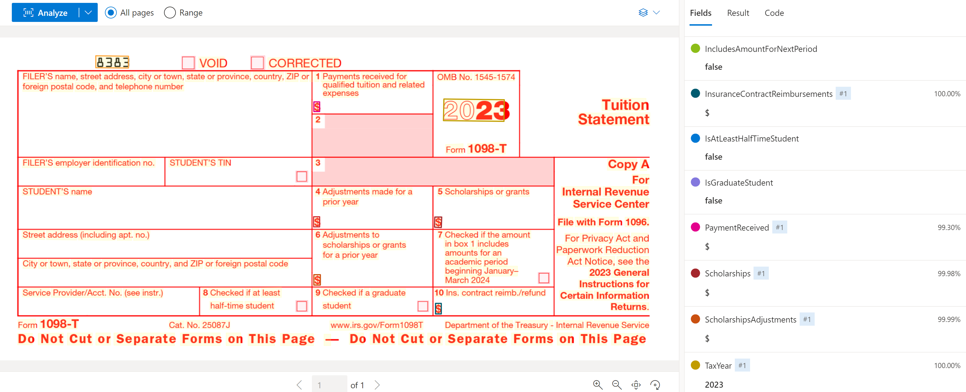 Snímek obrazovky s formulářem pro daň z USA 1098-T analyzovaným v nástroji Document Intelligence Studio