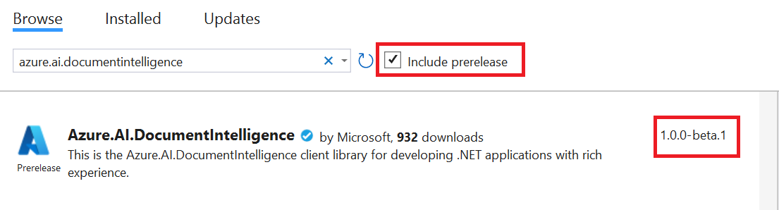 Snímek obrazovky s výběrem předběžné verze balíčku NuGet document Intelligence v sadě Visual Studio