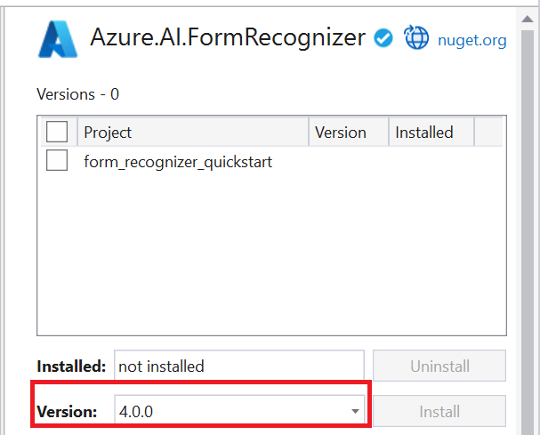 Snímek obrazovky s výběrem starší verze balíčku NuGet v sadě Visual Studio