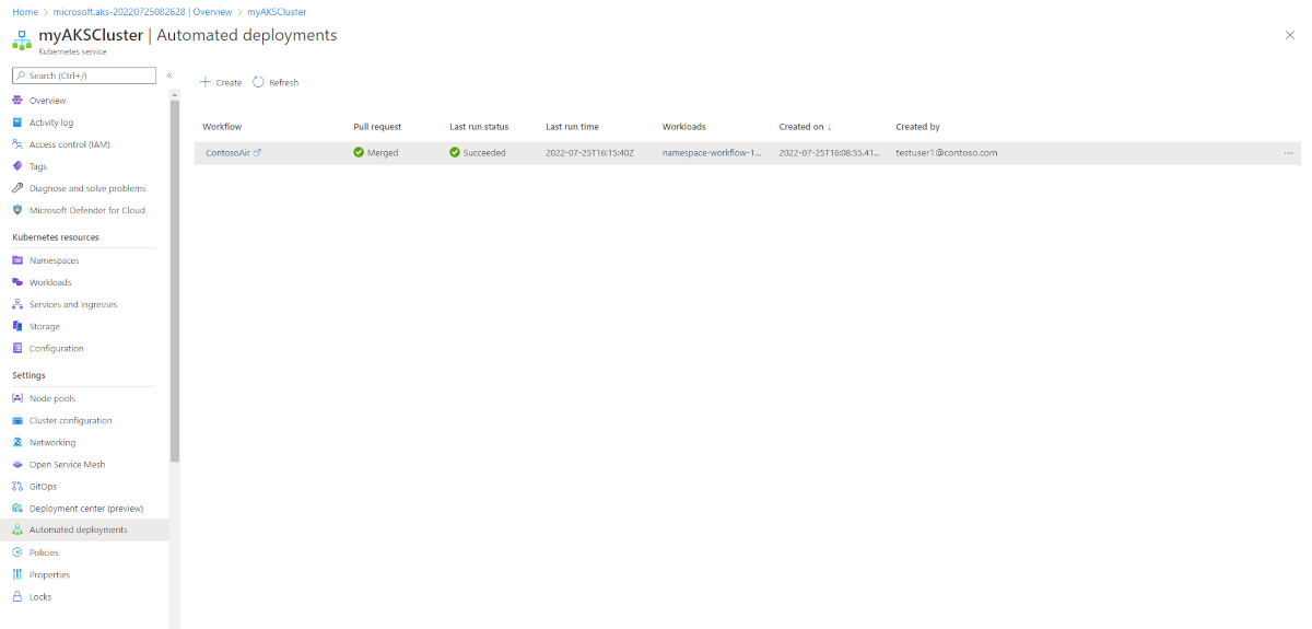 Obrazovka historie na webu Azure Portal zobrazující všechna předchozí automatizovaná nasazení