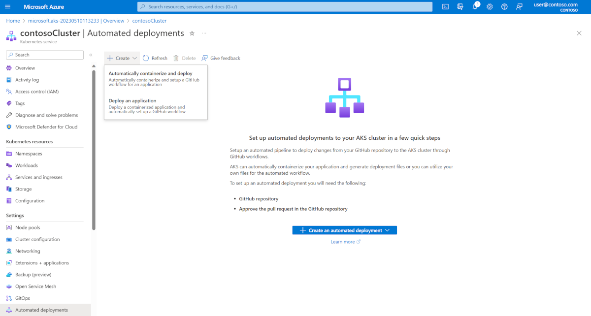 Obrazovka automatizovaných nasazení na webu Azure Portal. Byla vybrána možnost Vytvořit, která zobrazuje možnosti pro již kontejnerizované aplikace a aplikace, které ještě nejsou kontejnerizované.