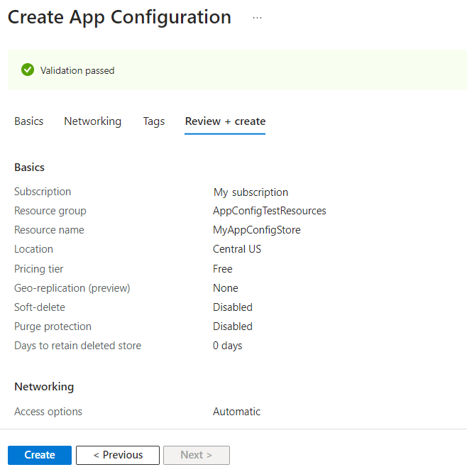Snímek obrazovky webu Azure Portal znázorňující nastavení konfigurace na kartě Zkontrolovat a vytvořit