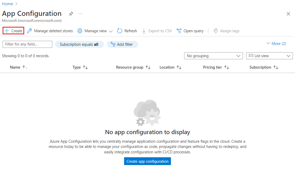 Snímek obrazovky webu Azure Portal, který zobrazuje tlačítko pro spuštění vytvoření obchodu App Configuration Store
