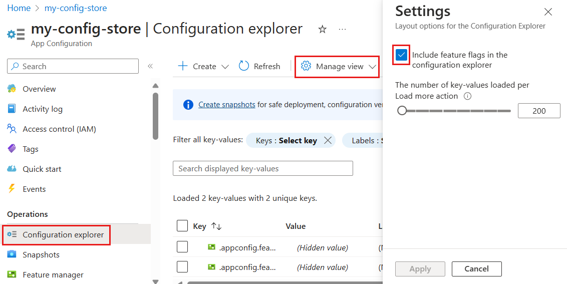 Snímek obrazovky platformy Azure Zahrnout příznaky funkcí v Průzkumníku konfigurace