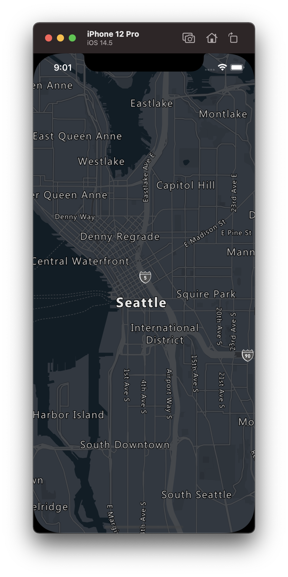 Snímek obrazovky mapy s tmavým stylem mapy ve stupních šedé