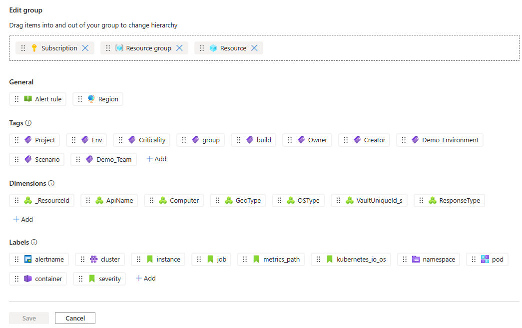 Screenshot that shows the edit group pane in the timeline view of the alerts page in the Azure portal.