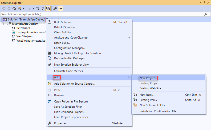 Snímek obrazovky s místní nabídkou Přidat nový projekt v sadě Visual Studio