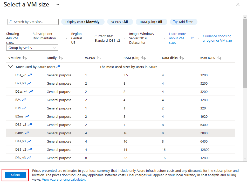 Snímek obrazovky Azure Portal se seznamem dostupných velikostí virtuálních počítačů a možnostmi filtrování pro zúžení výběru
