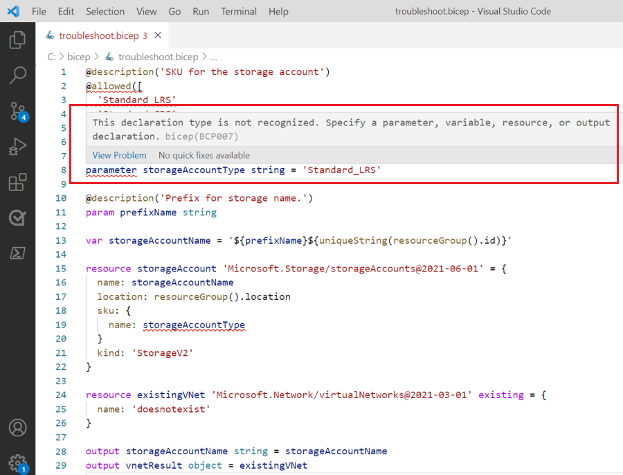 Snímek obrazovky s podrobnou chybovou zprávou zobrazenou v editoru Visual Studio Code při najetí myší na chybu syntaxe v souboru Bicep