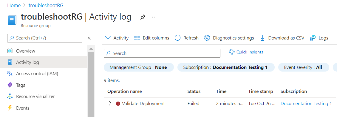 Snímek obrazovky protokolu aktivit Azure Portal zobrazující chybu předběžného ověření nasazení souboru Bicep