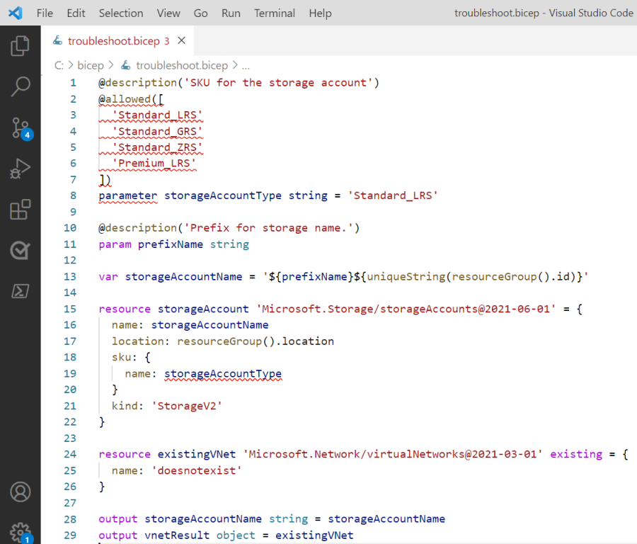 Snímek obrazovky editoru Visual Studio Code s červenými vlnovkou, které zvýrazňují syntaktickou chybu v souboru Bicep
