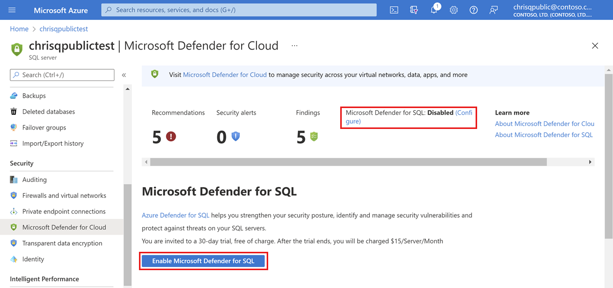 Povolte Microsoft Defender pro SQL.
