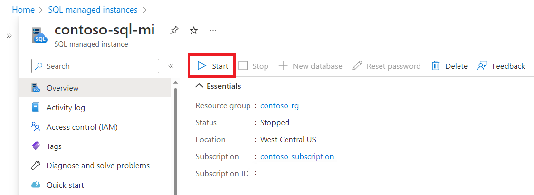 Snímek obrazovky se stránkou Přehled spravované instance na webu Azure Portal se zvýrazněným tlačítkem Start 
