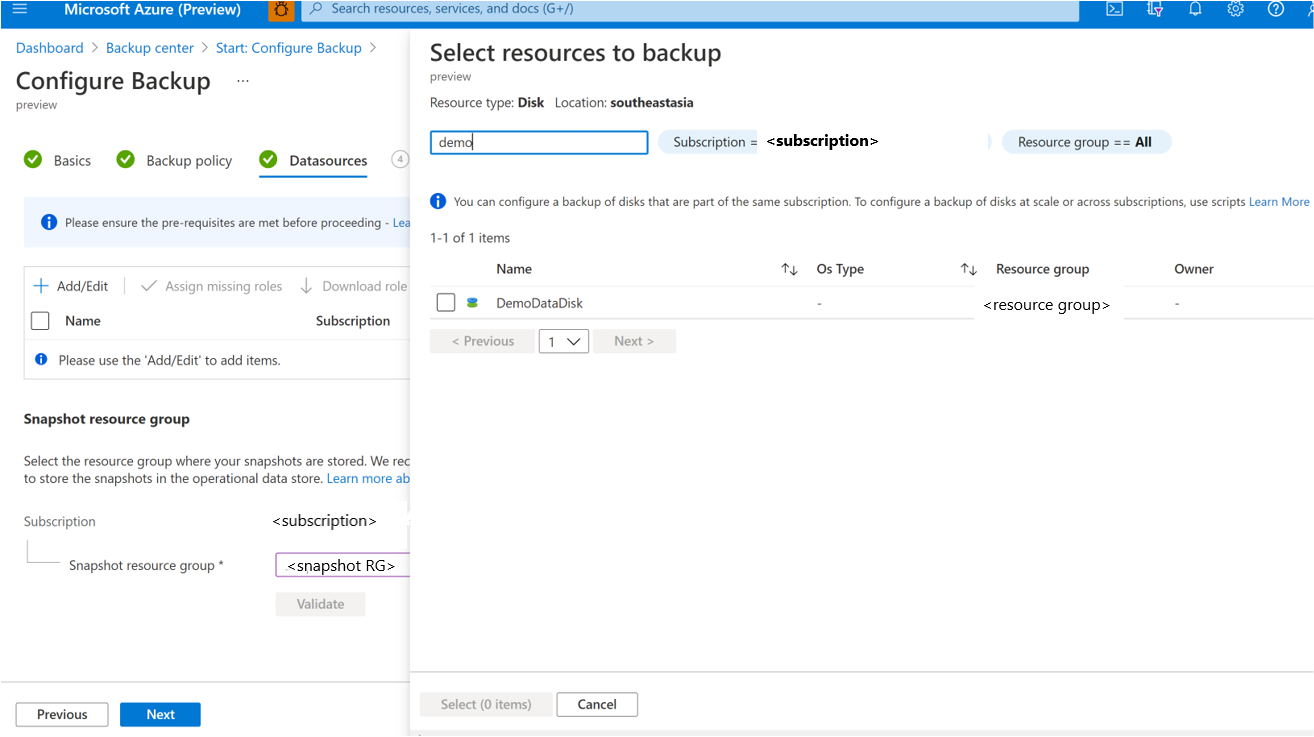 Snímek obrazovky znázorňující proces výběru Azure Spravované disky