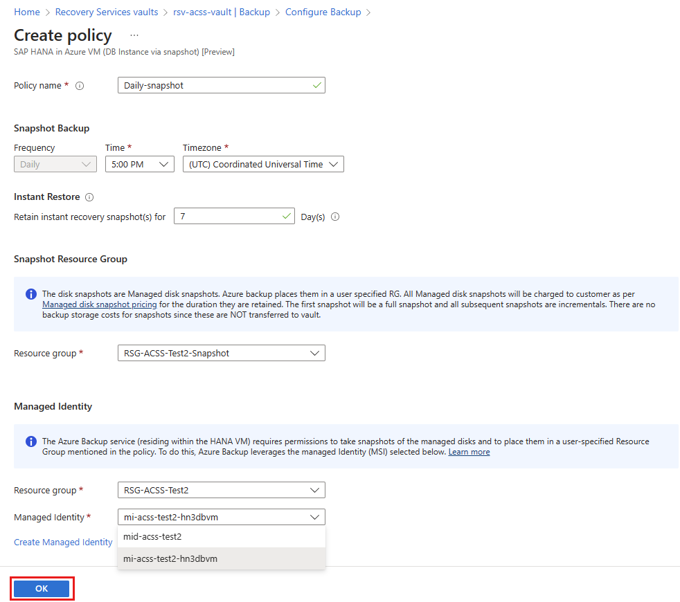 Screenshot shows how to add new user-assigned managed identity to the backup policy.