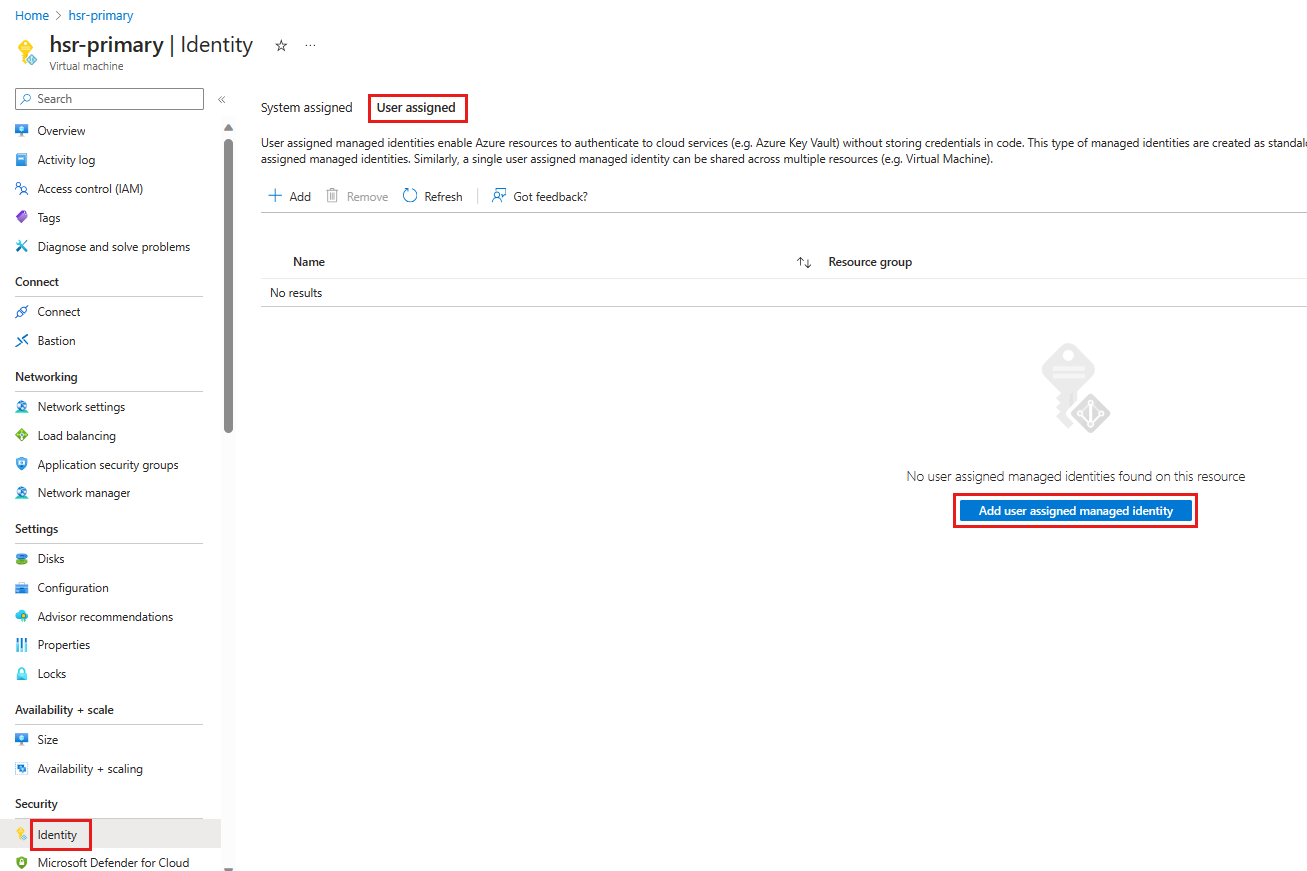 Screenshot shows how to assign user-assigned managed identity to VM with SAP HANA database.