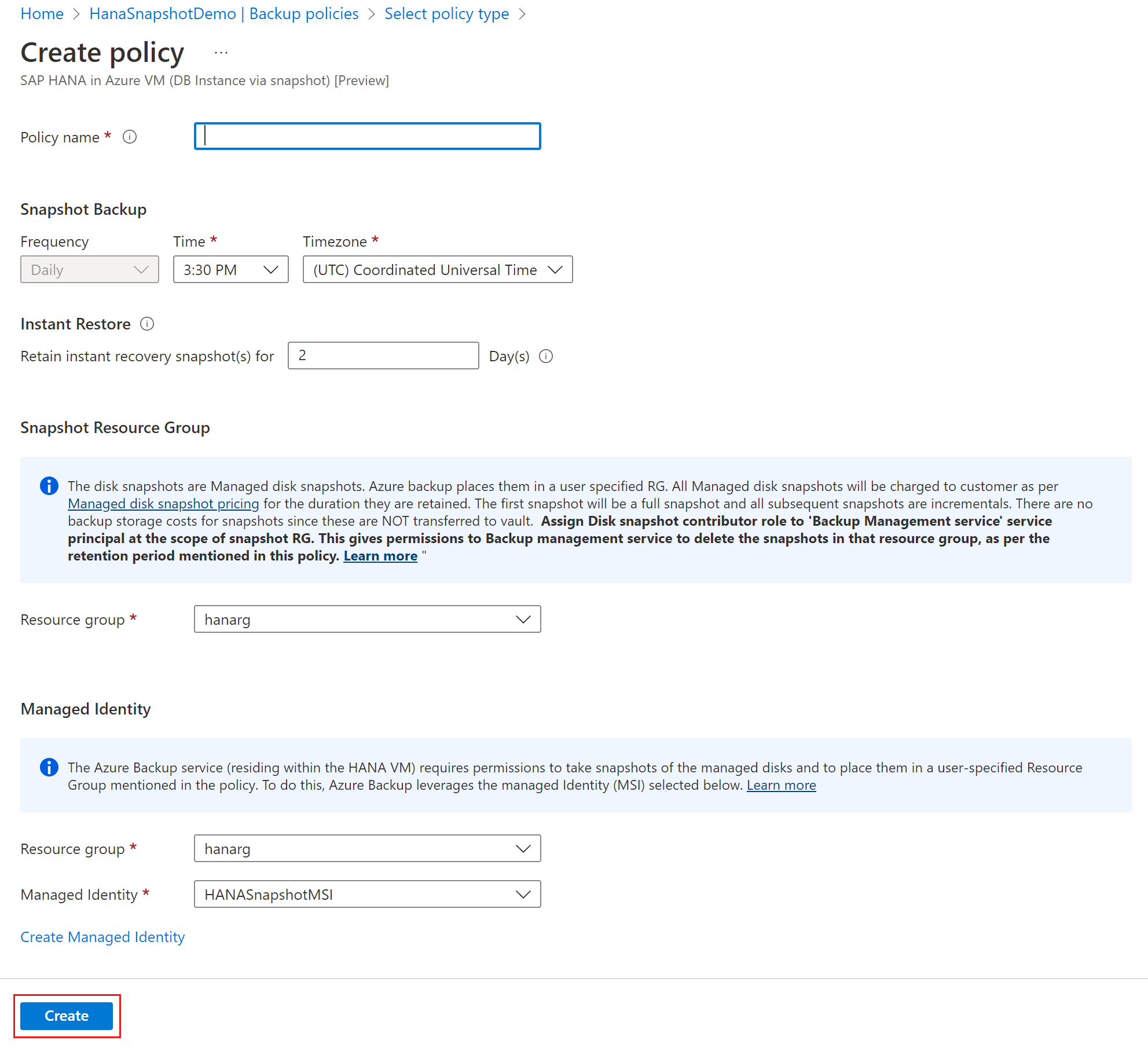 Screenshot that shows the 'Create policy' pane for configuring backup and restore.